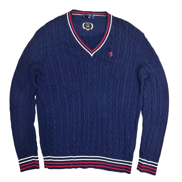 Ferrari Other - Ferrari Navy Blue Cable Knit V-Neck Pullover Sweater SZ XXL Luxury Preppy EUC
